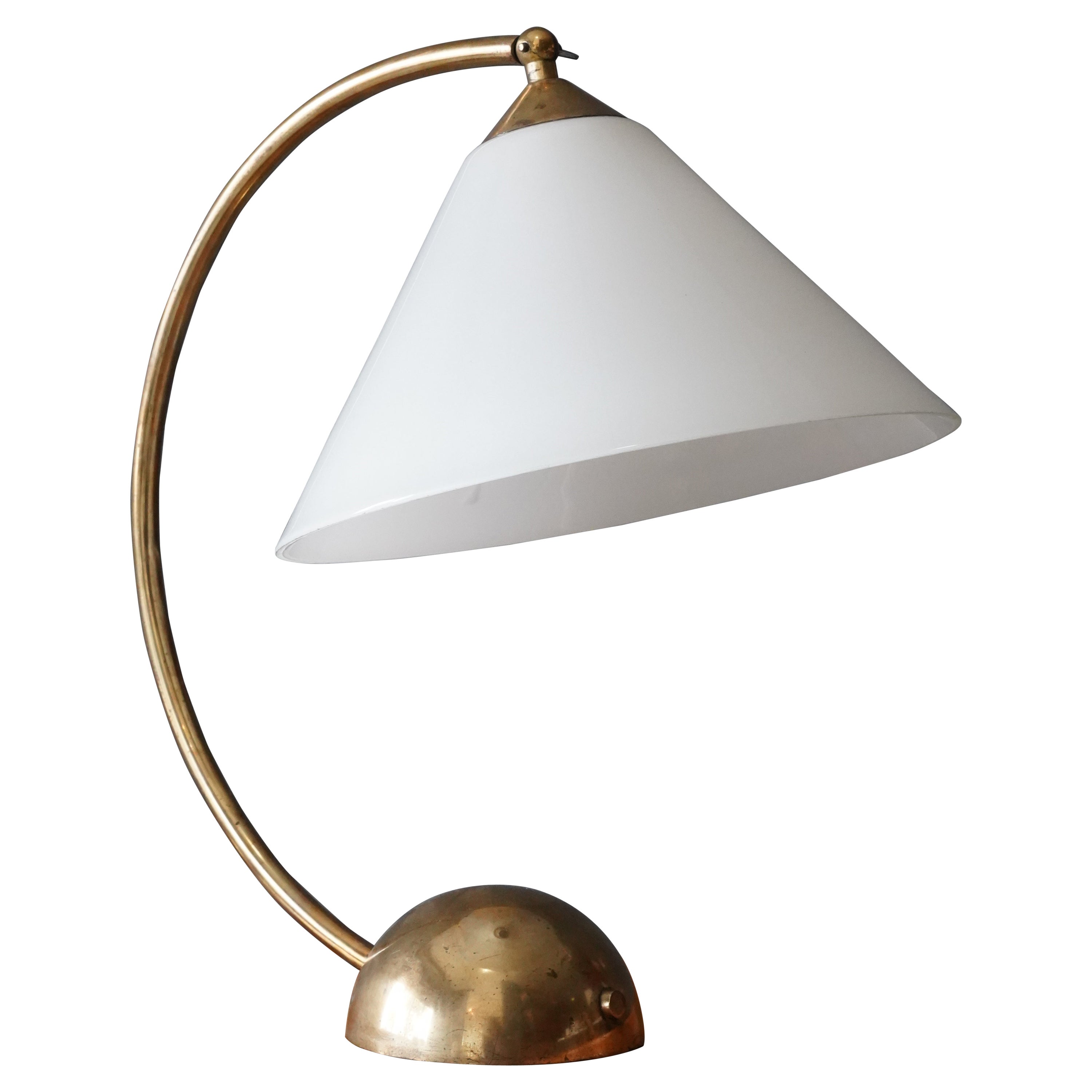 Pitt Müller, Curved Table Lamp, Brass, Milk Glass, Germany, 1950s