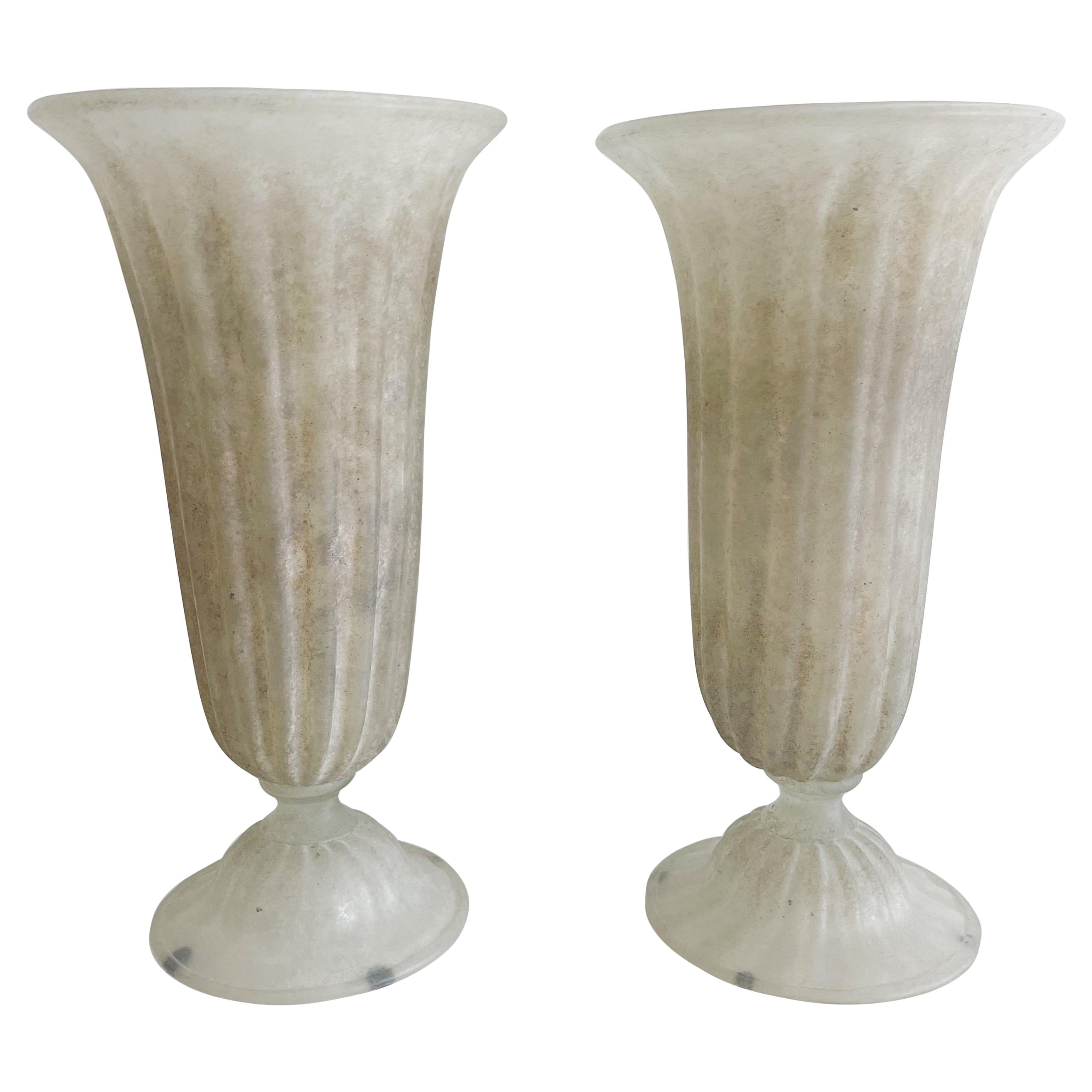 Pair Murano Scavo Vases Fluted Neoclassical Modern 1960's Tall Vases