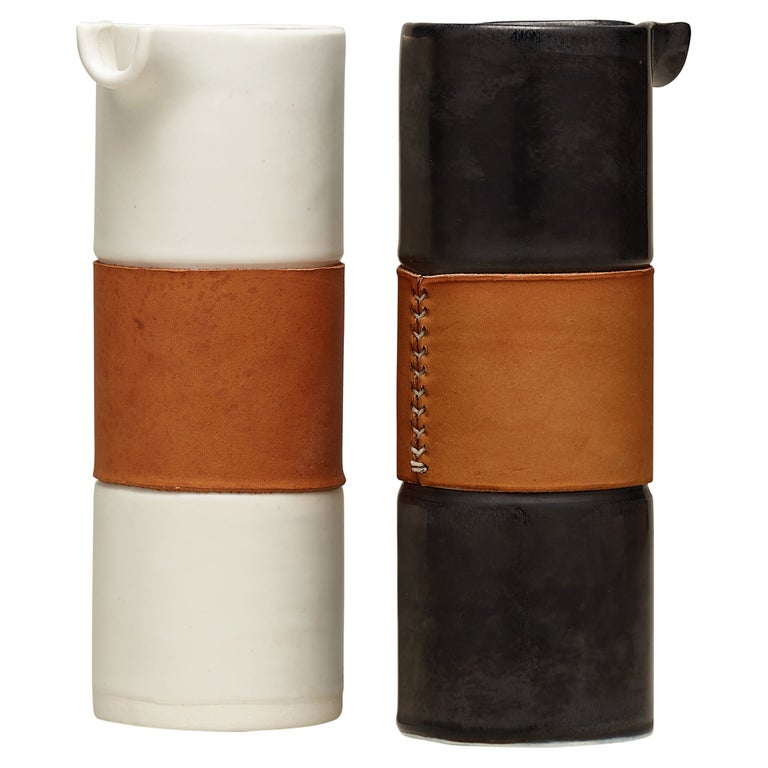Handcrafted Modern Porcelain Pitcher Handstitch Leather Wrap For Sale