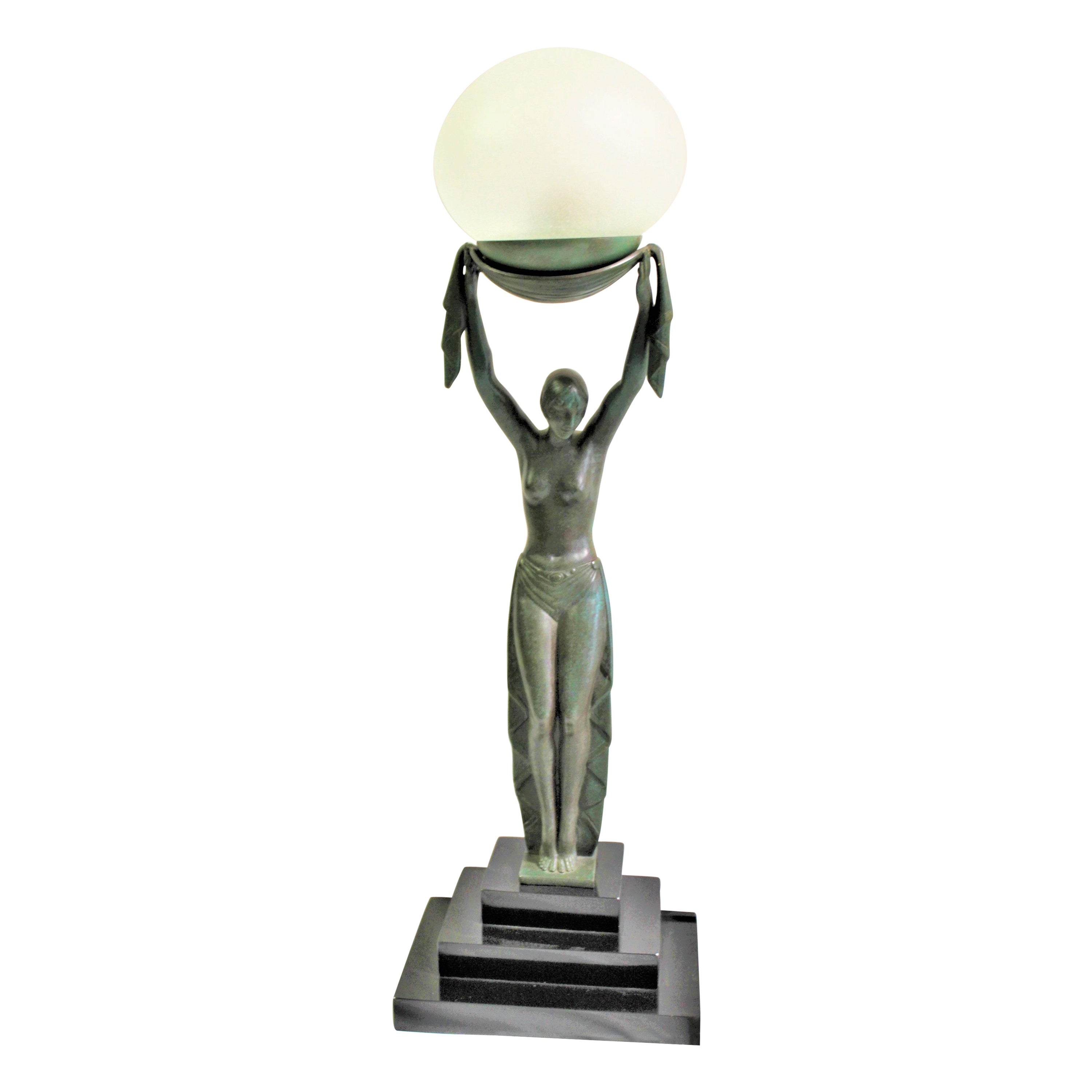 Art Deco Lady Lamp, Green Patina, Bronze