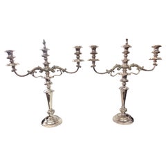 Pair Antique English Old Sheffield Plate Rococo 3-Light Candelabra