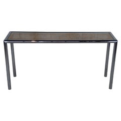 1970s Milo Baughman Design Institute Tubular Chrome Caned Sofa Console Table