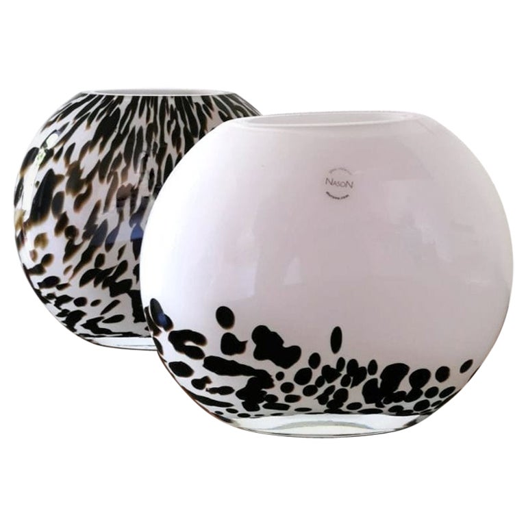 Carlo Nason Design Pair Vases Murano White Glass Leopard Print