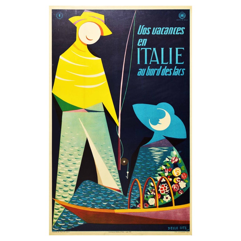 Original Vintage Travel Poster Vacances Italie Lake Holiday Italy Fishing Boat For Sale