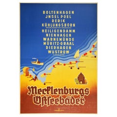 Original Vintage Poster Mecklenburg Germany Baltic Sea Beach Resorts Travel Map