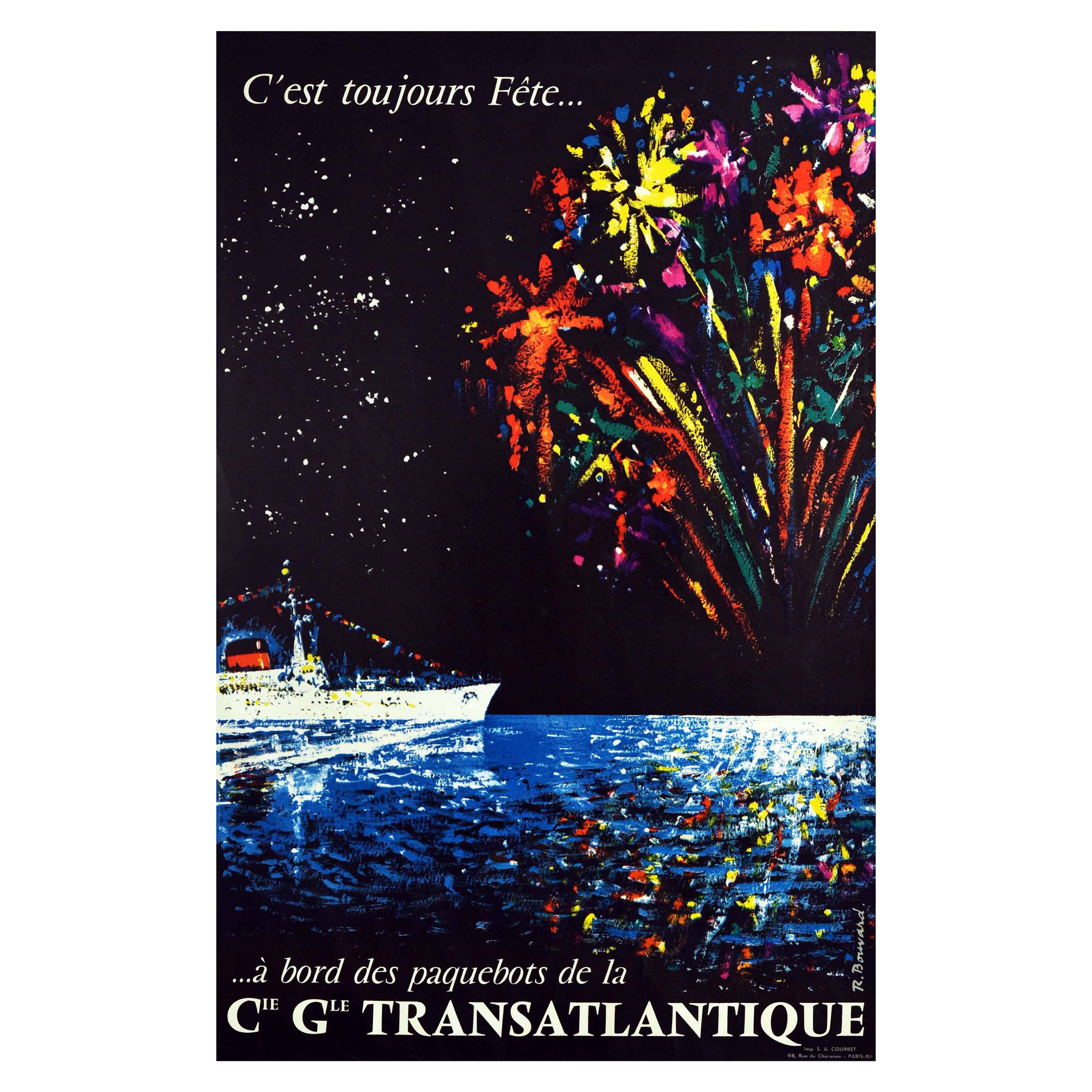Original Vintage Cruise Travel Poster Toujours Fete CGT Ocean Liner Fireworks