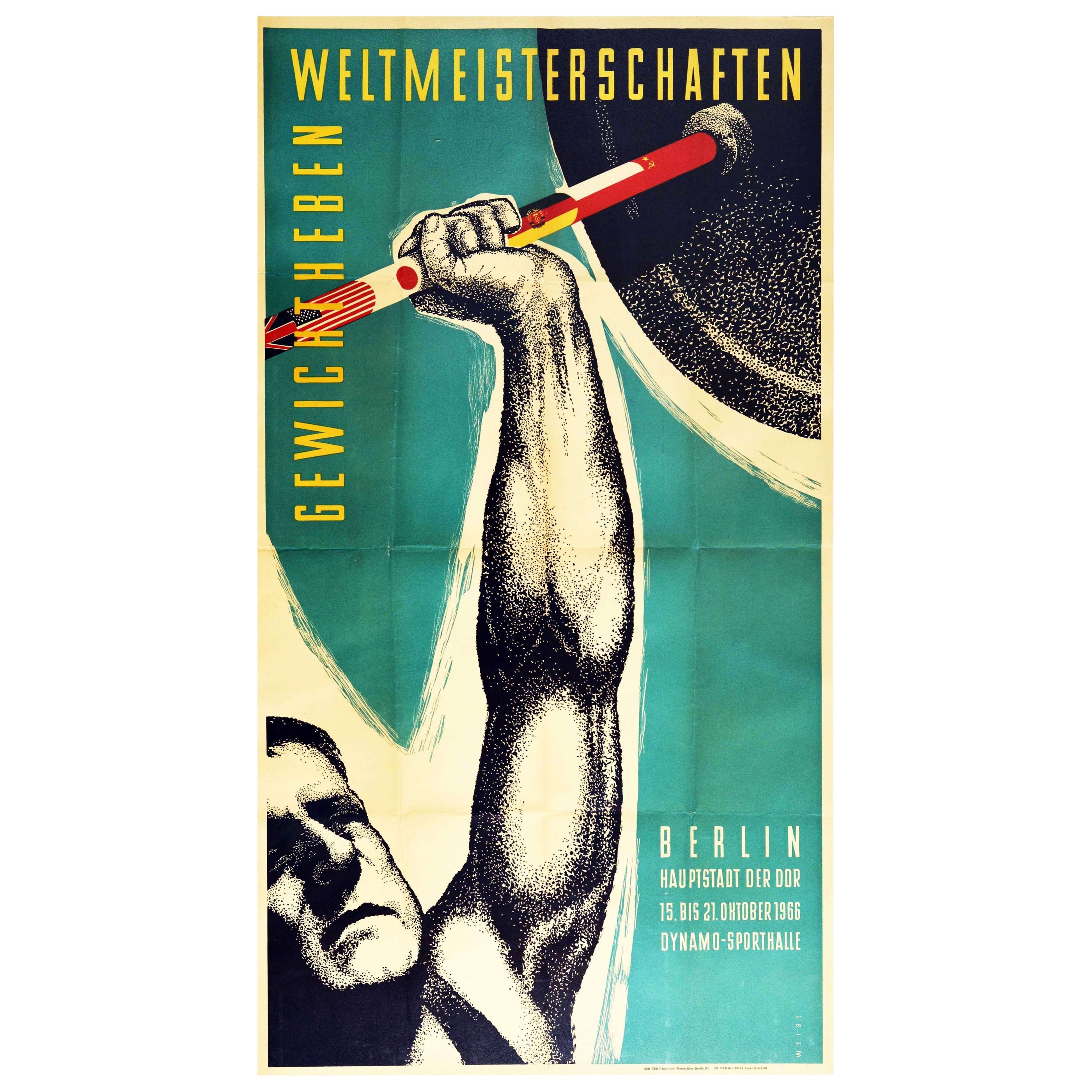 Original Vintage Sport Poster Weightlifting Championships Berlin Barbell Flags