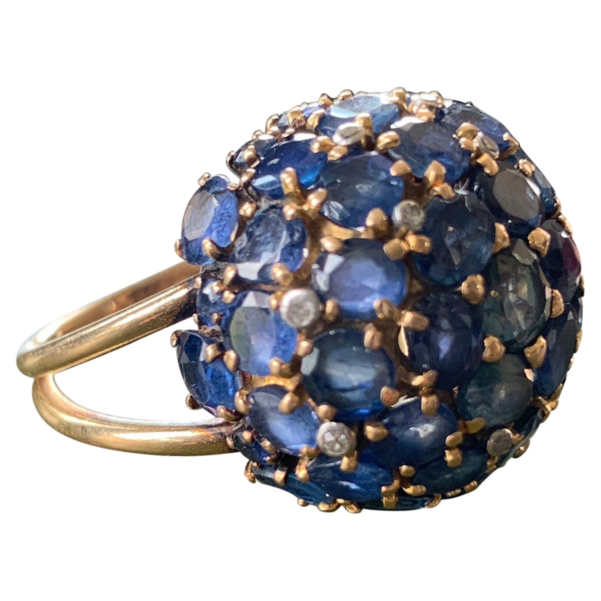 20th Century "Boule" Ring in Yellow Gold Adorned with Sapphires and Brilliants
