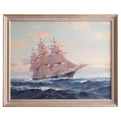 Vintage Maritime Oil Painting of Tall Mast Ship “Stag Hound” by Frank Vining Smith c1940