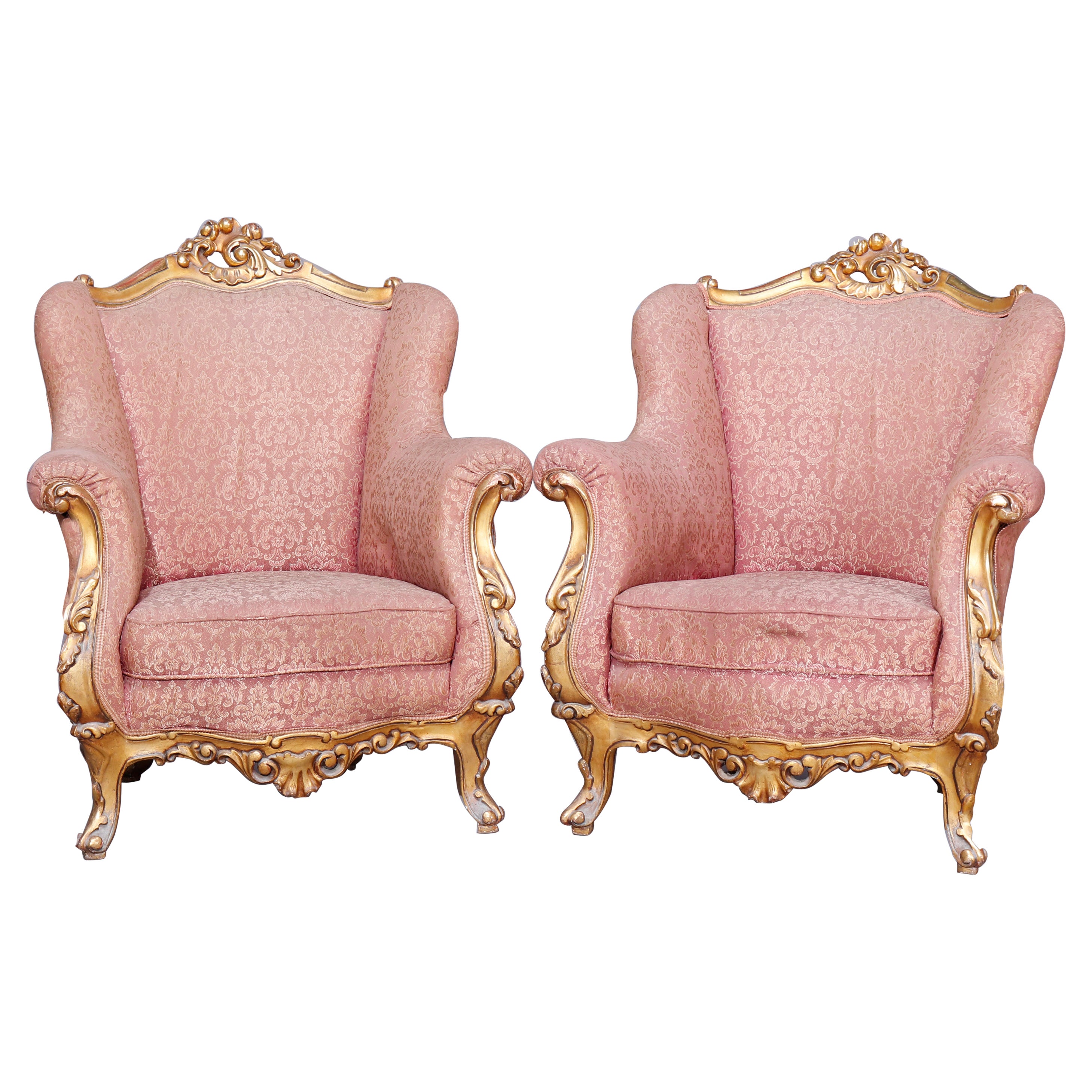 Pair Antique French Louis XIV Gilt Wood Upholstered Wing Back Chairs, Circa 1910