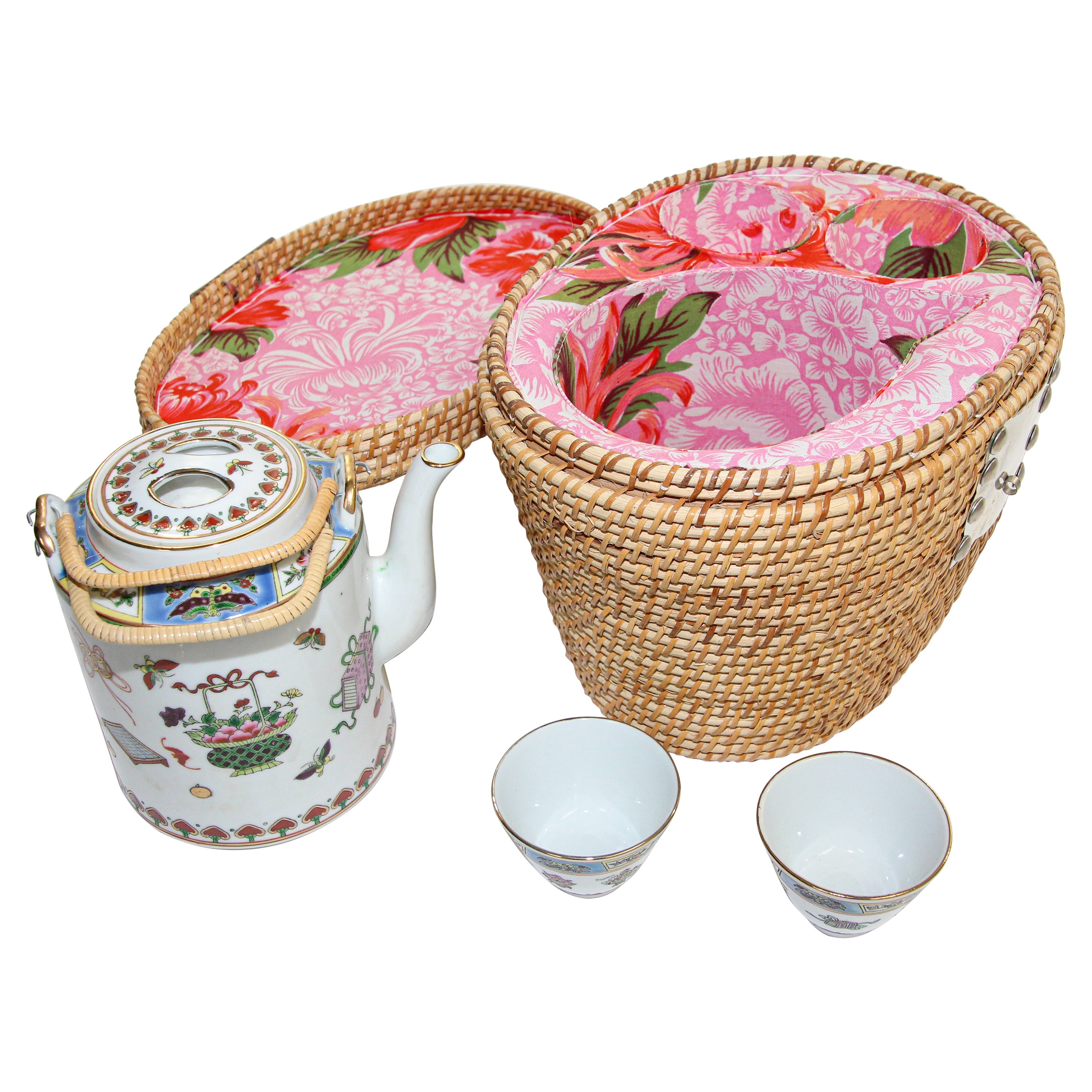Vintage Chinese White Mun Shou Porcelain Tea Set in Basket