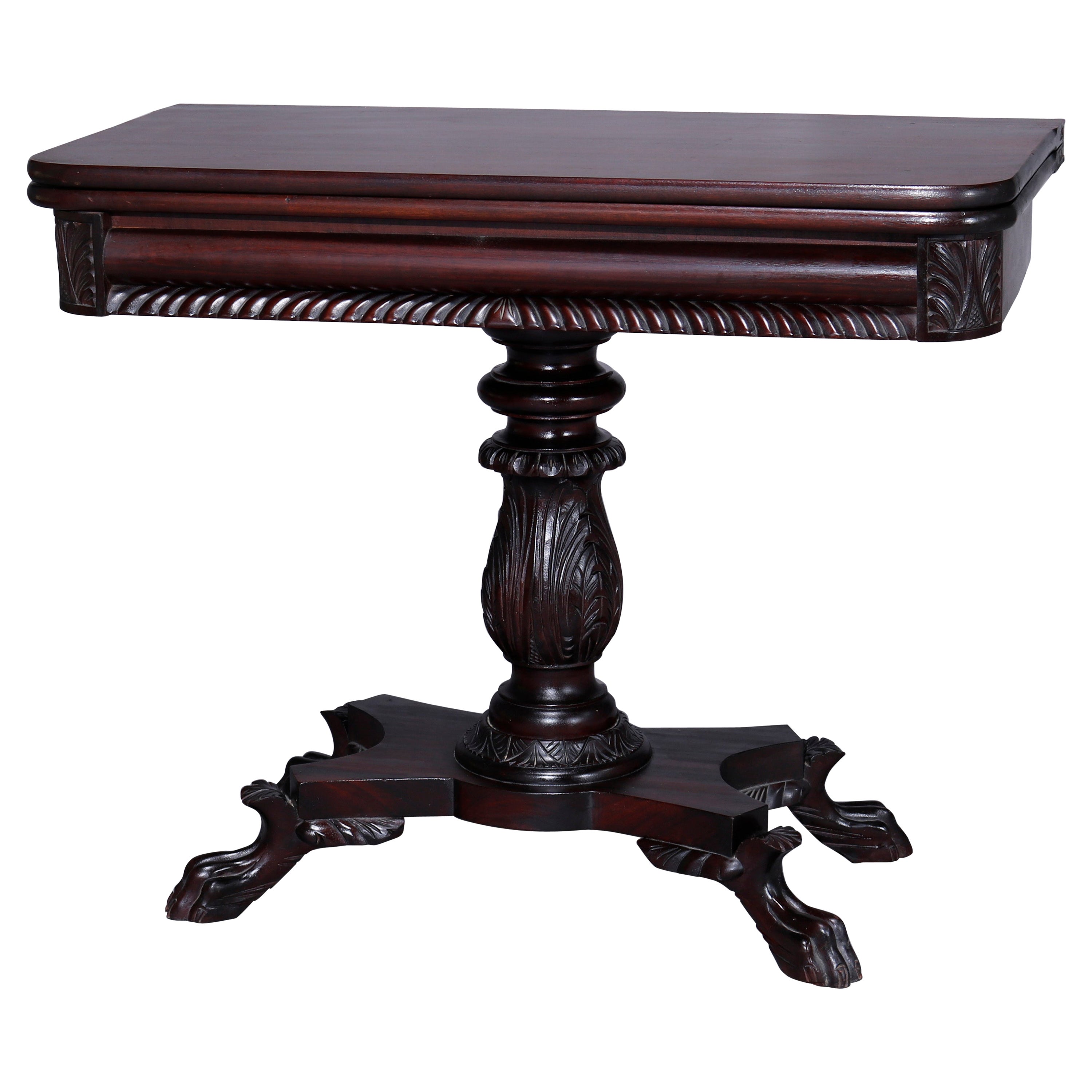 Antique American Empire Classical Carved Mahogany Claw Foot Card Table c1840
