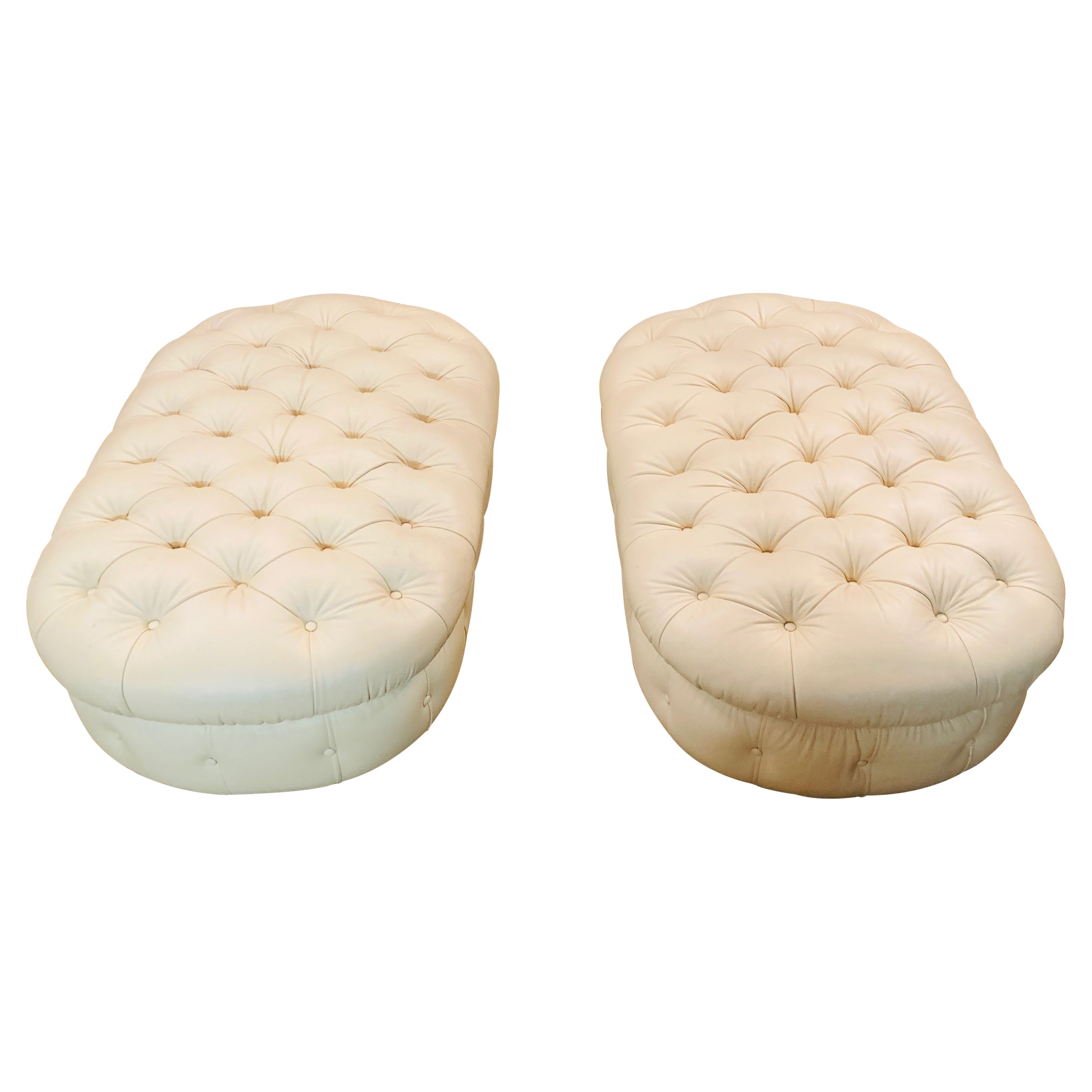 2 Beautiful Chesterfield Stools in Beige Leather Oval Shape