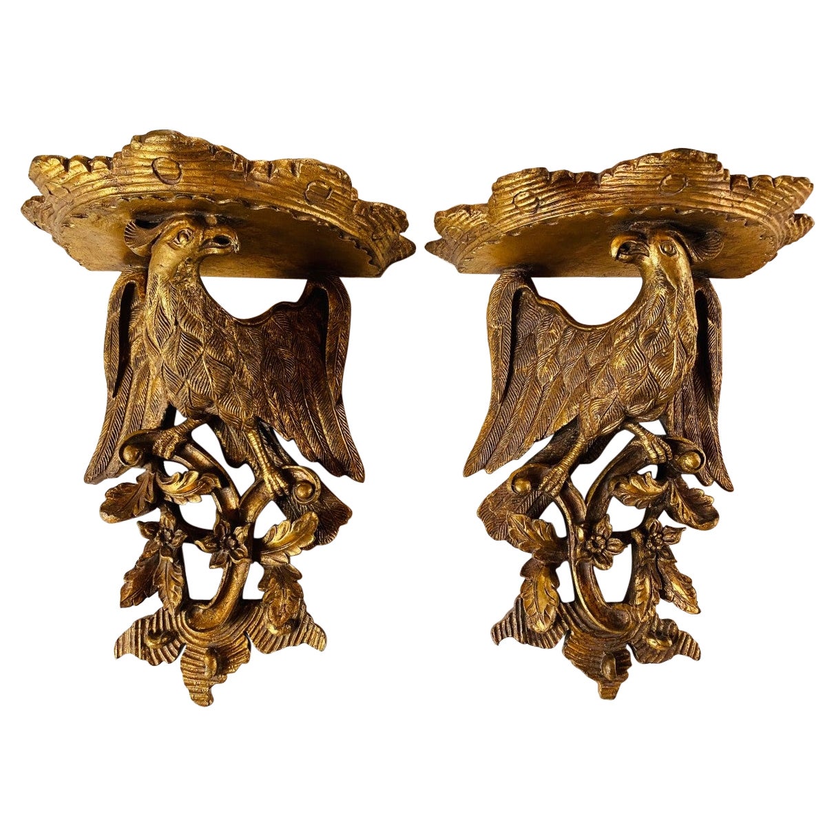 Antique Pair of Imperial Eagle Carved Wall Shelf Sconce Brackets