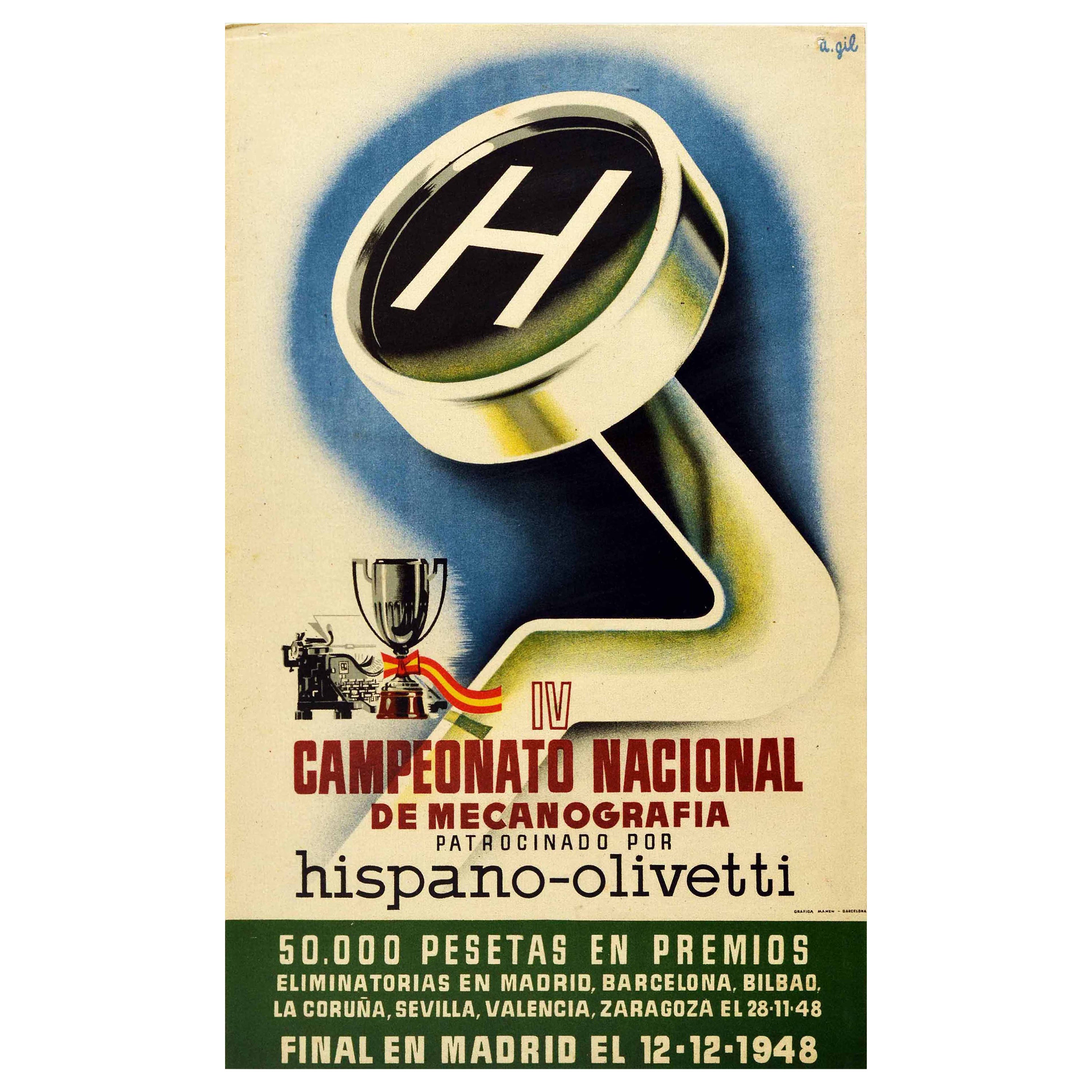 Original Vintage Poster IV Mecanografia Typing Championship Hispano Olivetti - H For Sale