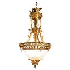Gilt Bronze Antique Chandelier with Etched and Clear Glass Dome Interior Lights