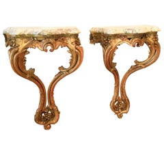 Pair of Louis XV Styled Giltwood Consoles with Thick Violette Marble Tops