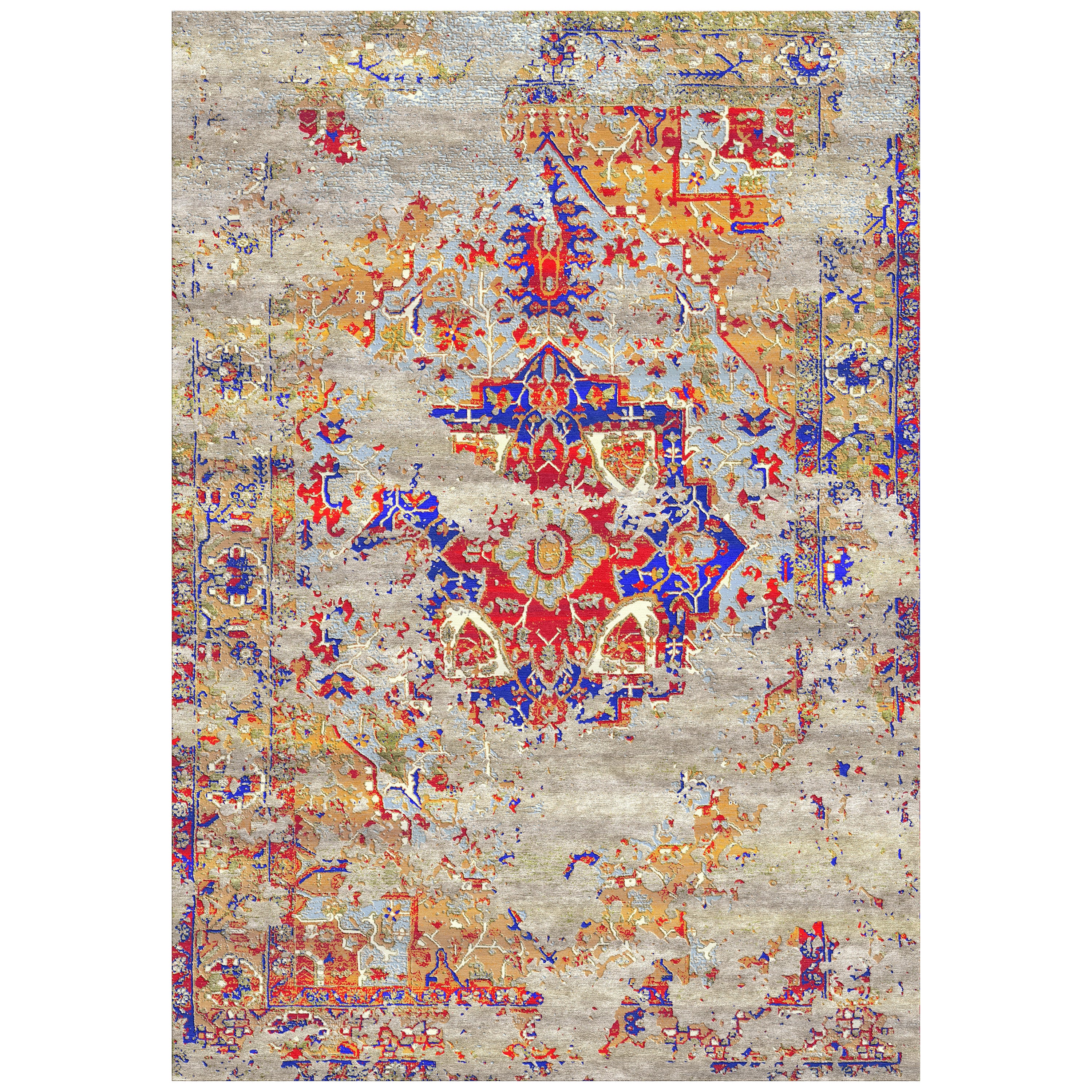 Multi Colored Modern Persian Grunge Rug in Wool and Silk by Gordian For Sale