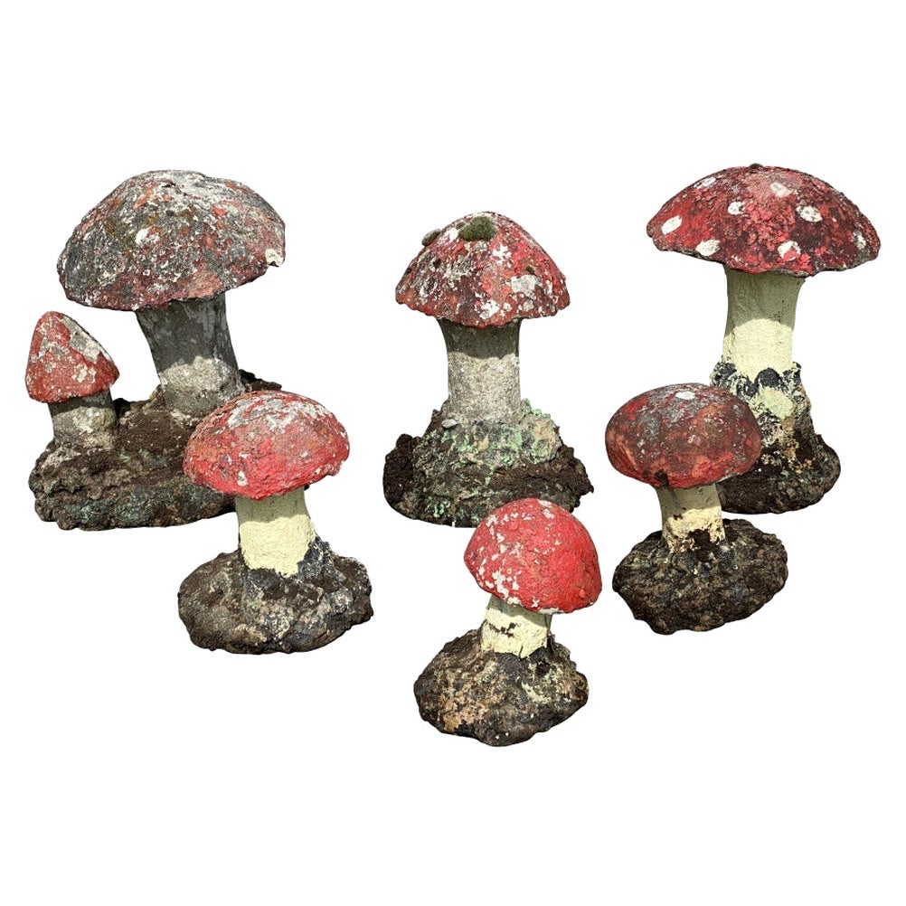 Group of Vintage Cast and Painted Cement Mushrooms as Garden Ornaments