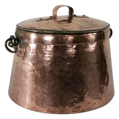 Late 18th Century French Hand Hammered Copper Pot with Lid and Iron Handle