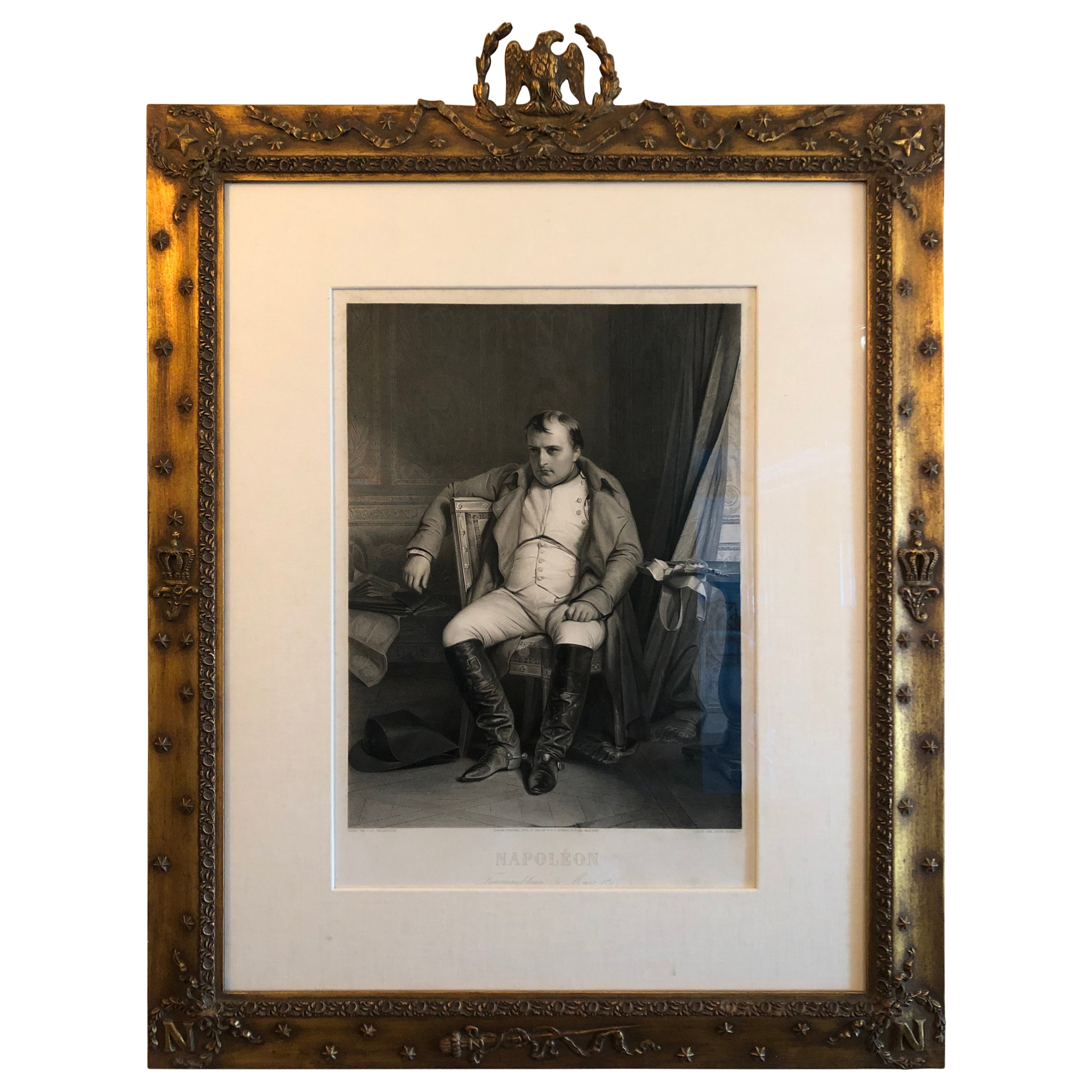 Ilustración aristrocrática en blanco y negro de Napoleón en marco antiguo en venta