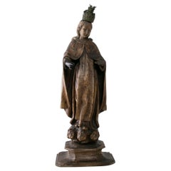 Late 18th Century Hand Carved Wooden Madonna or Female Saint with Brass Crown