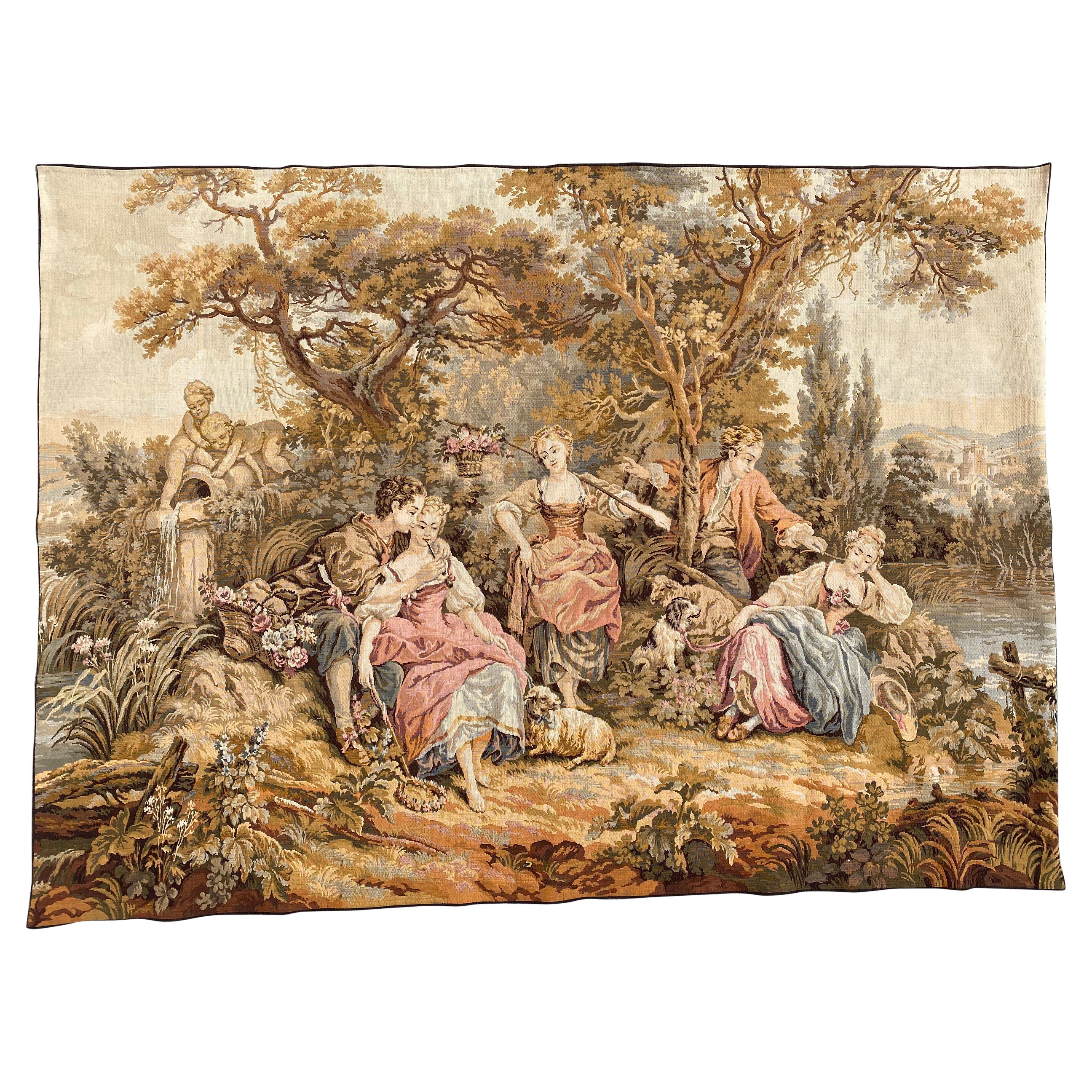Bobyrug’s Vintage French Aubusson Style Jaquar Tapestry « pastoral loves » For Sale