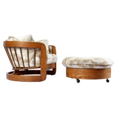 1980s Howard Solid Oak Barrel Shaped Tub Chair and Ottoman