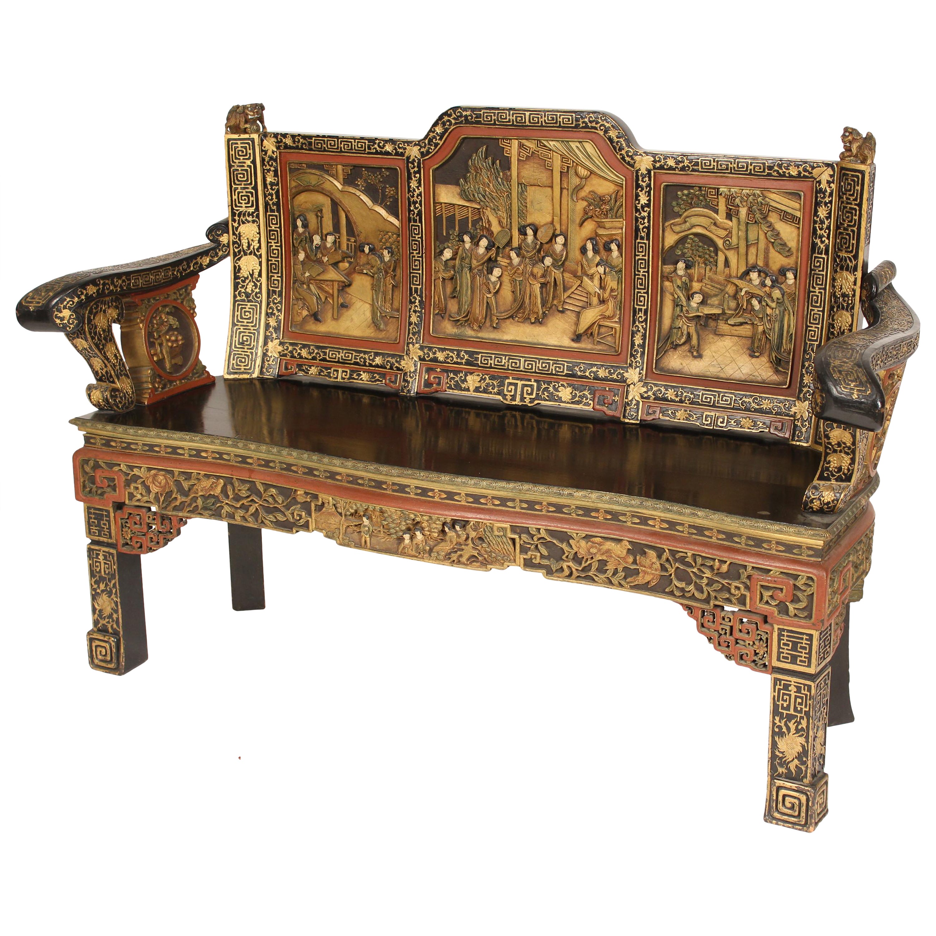 Chinese Painted and Gilt Decorated Bench For Sale