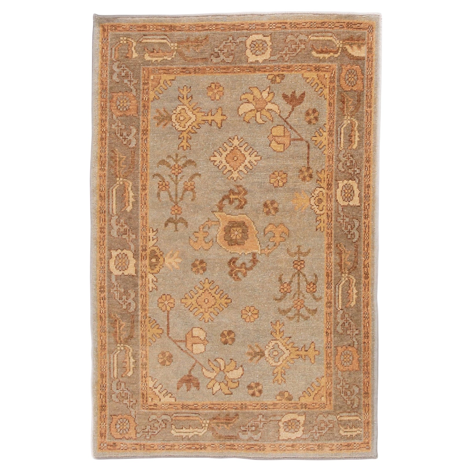 Modern Turkish Oushak Light Blue Handmade Floral Wool Rug