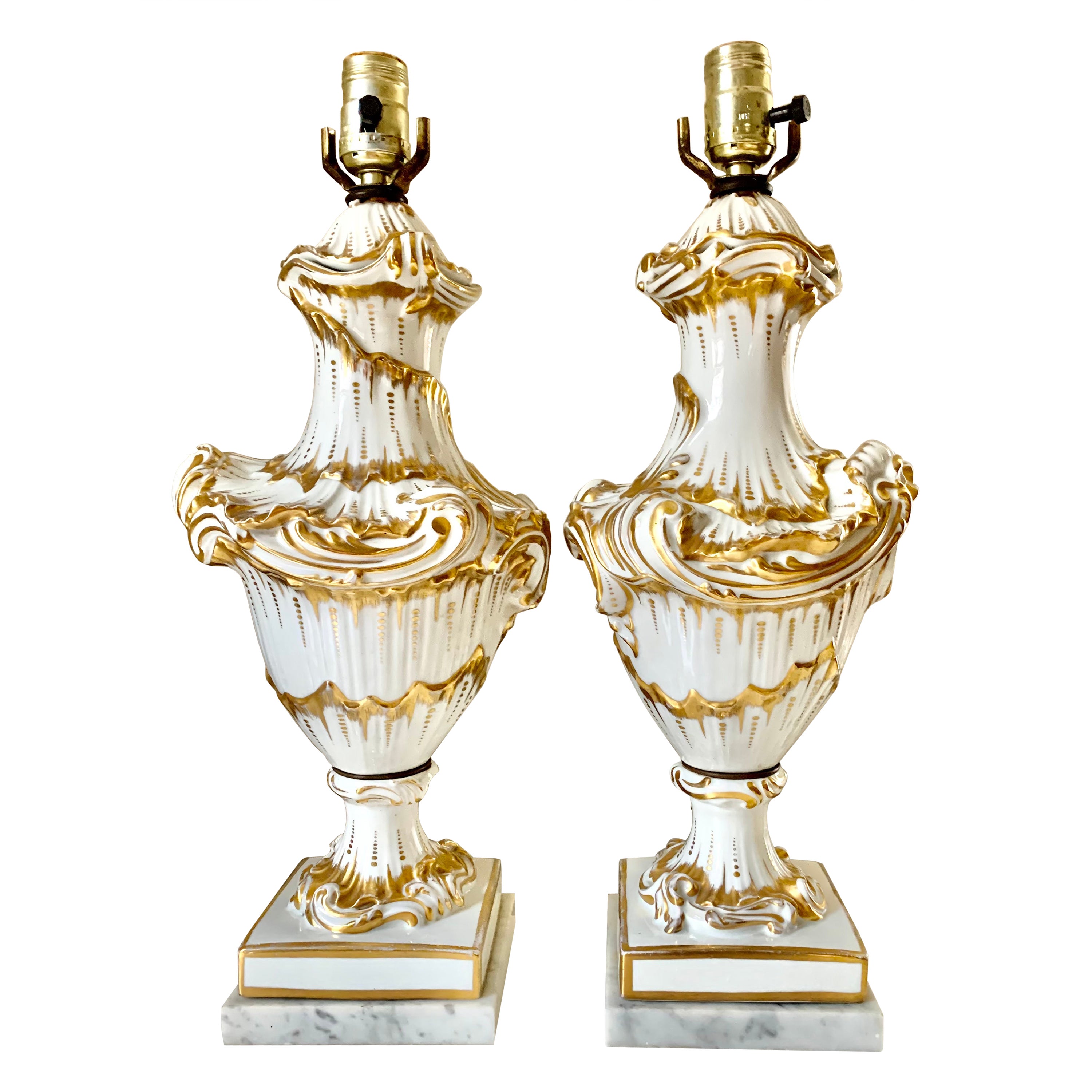 Fine Pair Rococo Style White and Gold Porcelain Table Lamps, 19th Century For Sale