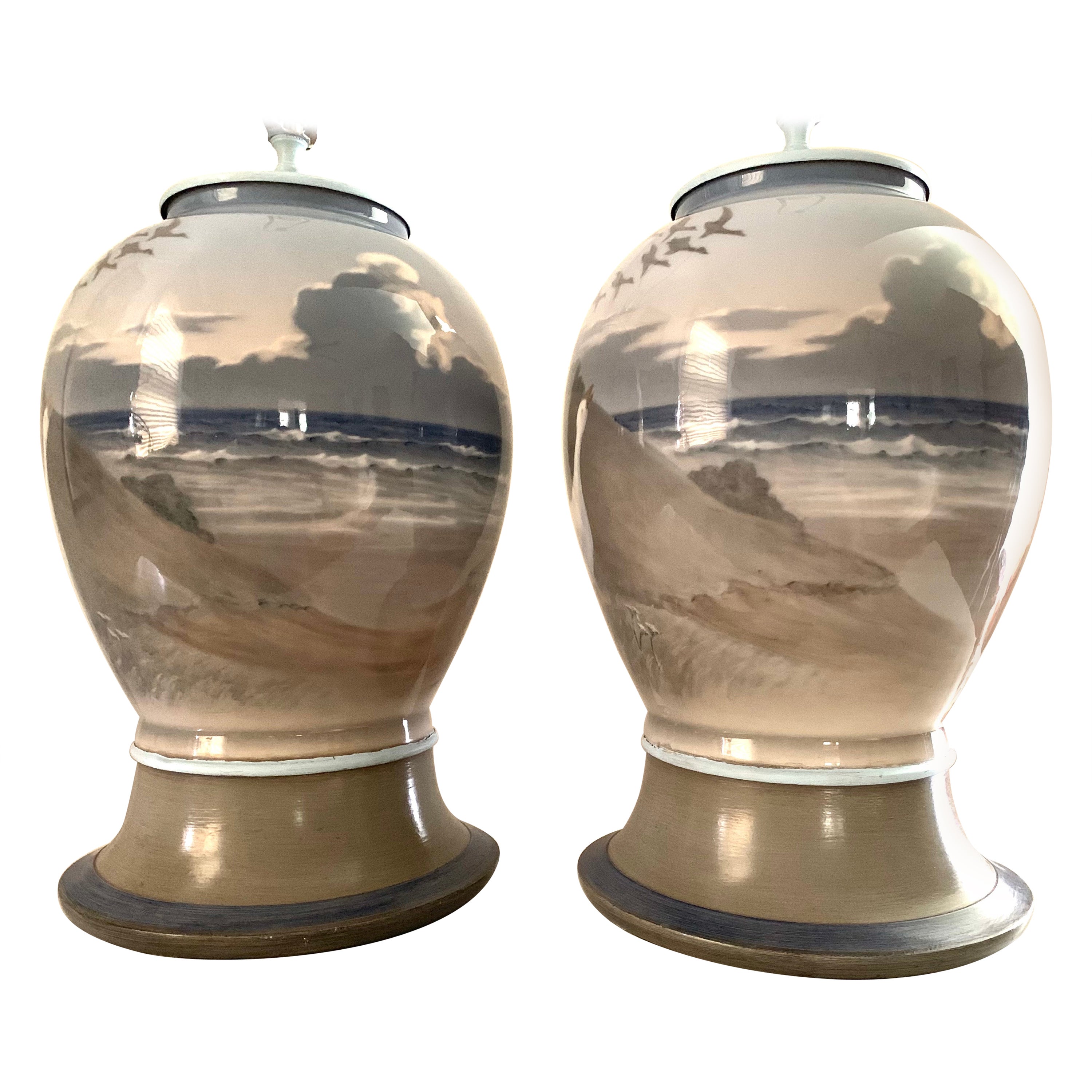 Pair Very Large Danish Modern Porcelain Table Lamps Sea, Beach Coastal Scenes For Sale