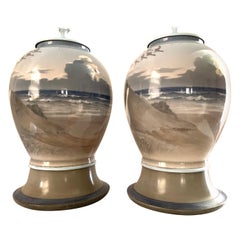 Antique Pair Very Large Danish Modern Porcelain Table Lamps Sea, Beach Coastal Scenes