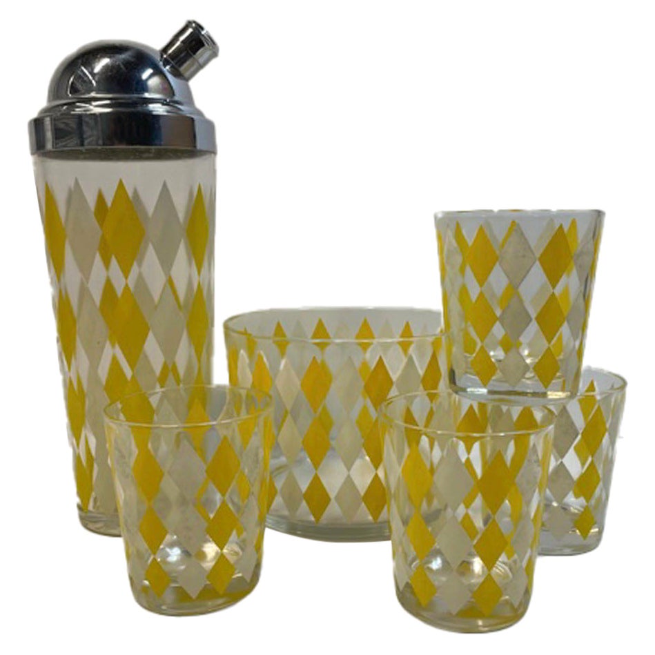 Vintage Yellow and White Diamonds Cocktail Shaker, Ice Bowl and Glasses Set