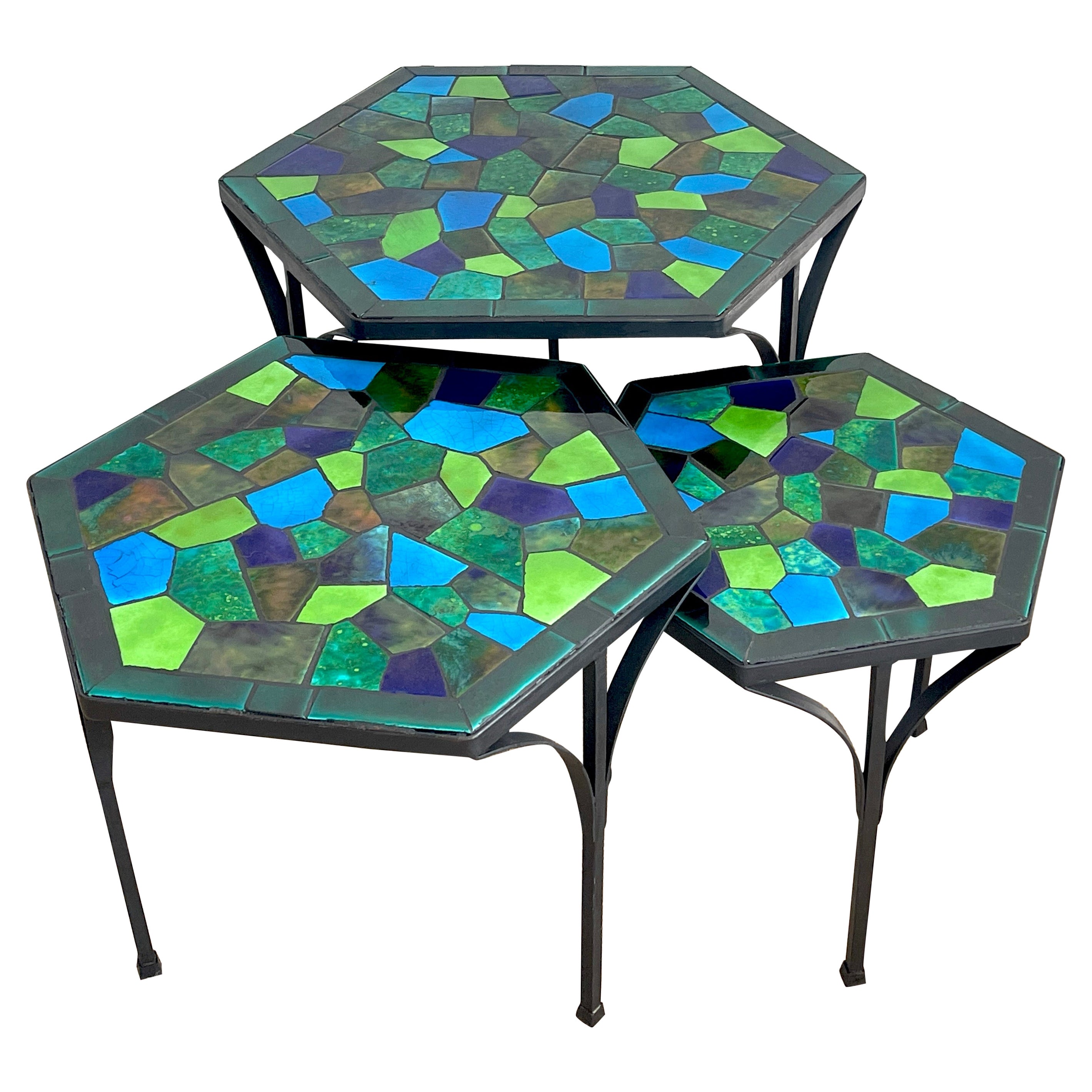 Three Graduating Wrought Iron & Ceramic Mosaic Tables by Jon Matin For Sale