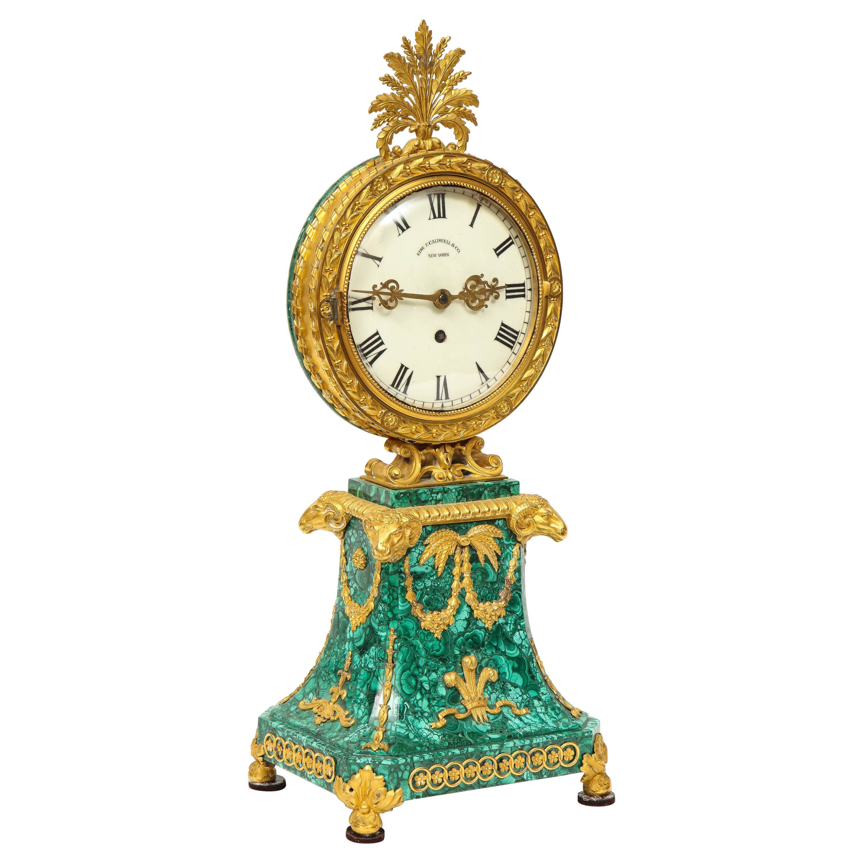 Edward F. Caldwell, An Extremely Fine and Rare Ormolu-Mounted Malachite Clock For Sale