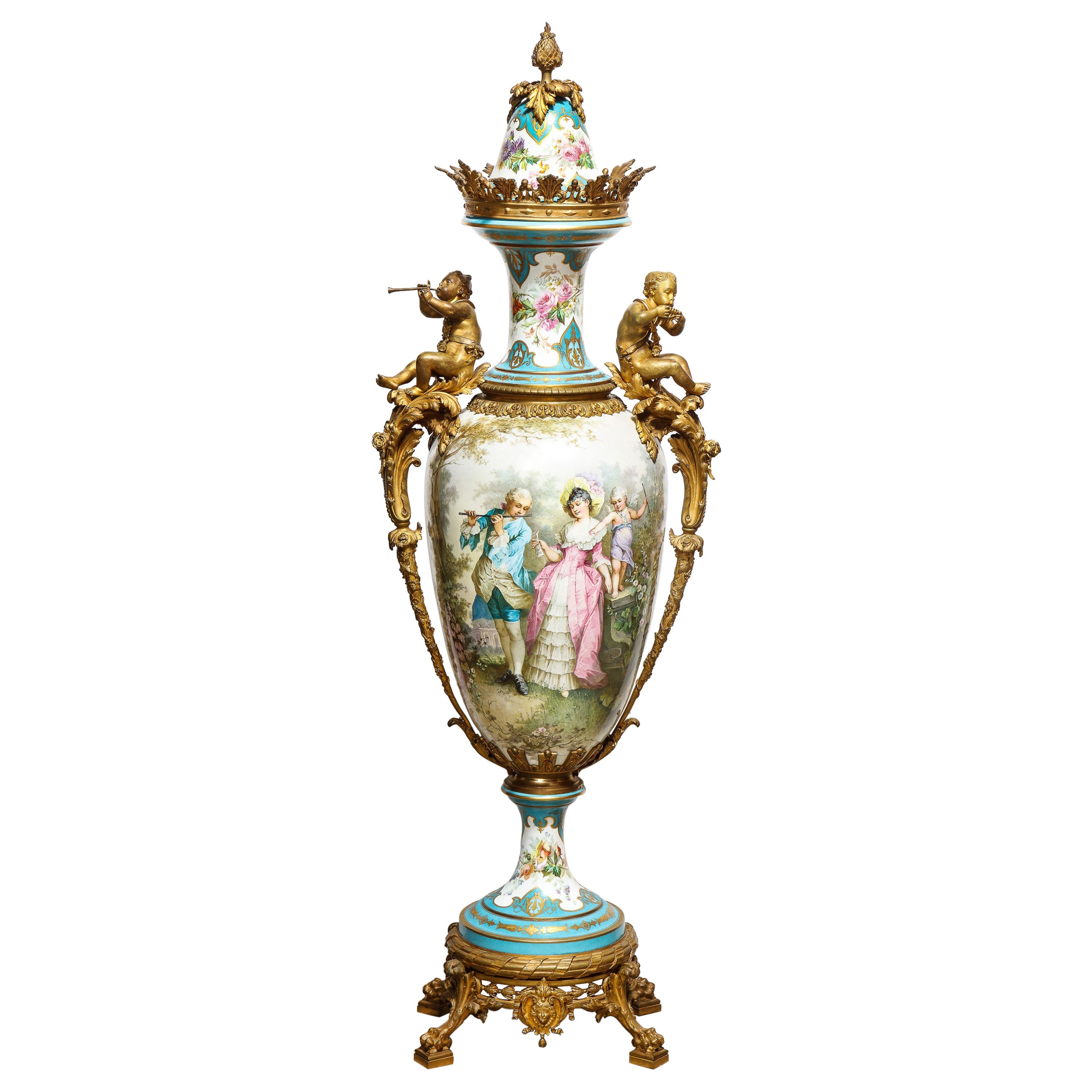 Palatial French Ormolu-Mounted Sevres Porcelain Hand-Painted Vase and Cover For Sale