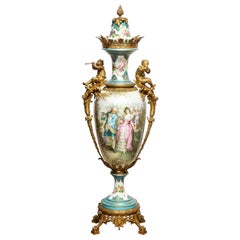 Palatial French Ormolu-Mounted Sevres Porcelain Hand-Painted Vase and Cover