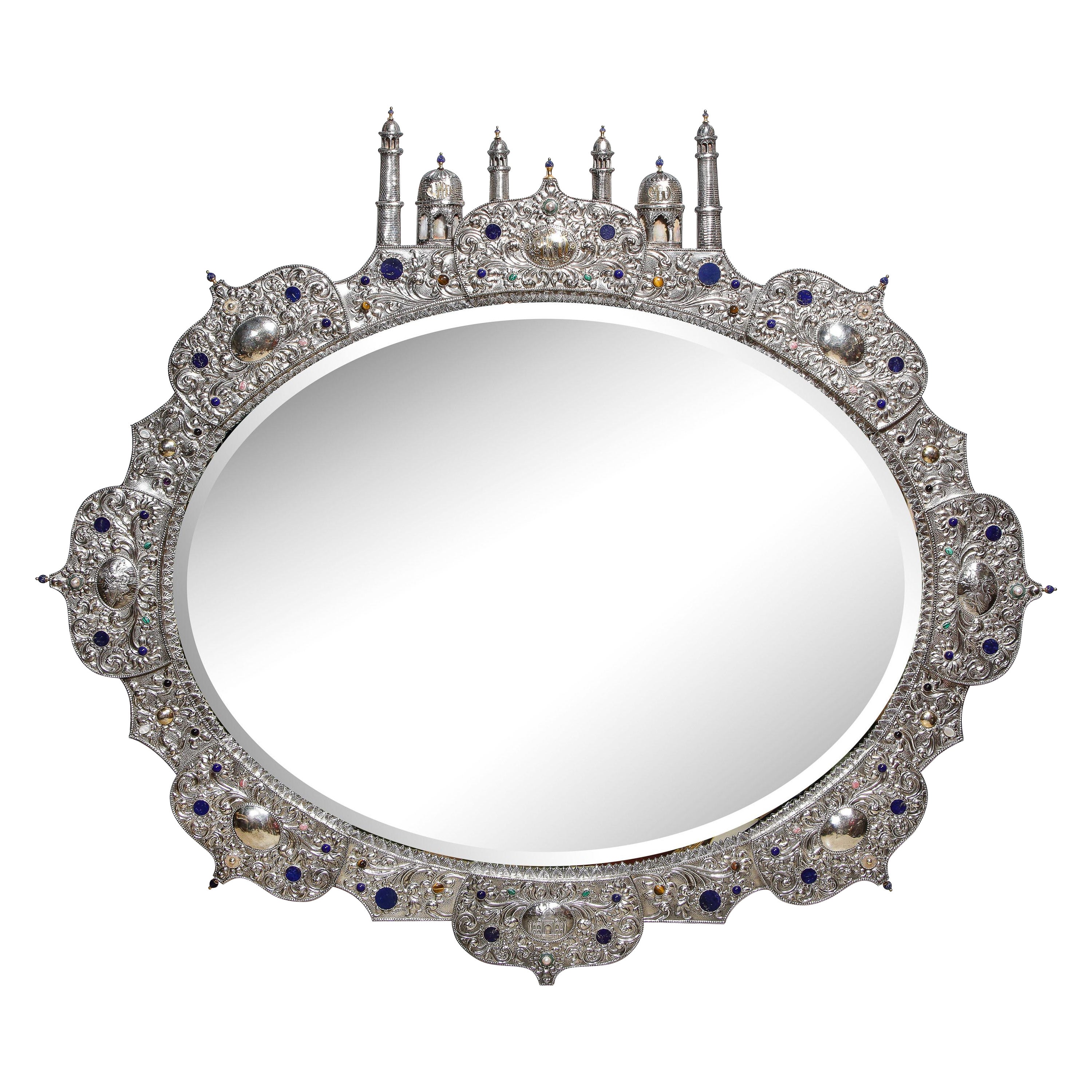 Magnifique et rare miroir de palais thaïlandais en argent, or et bijoux pour palais indien