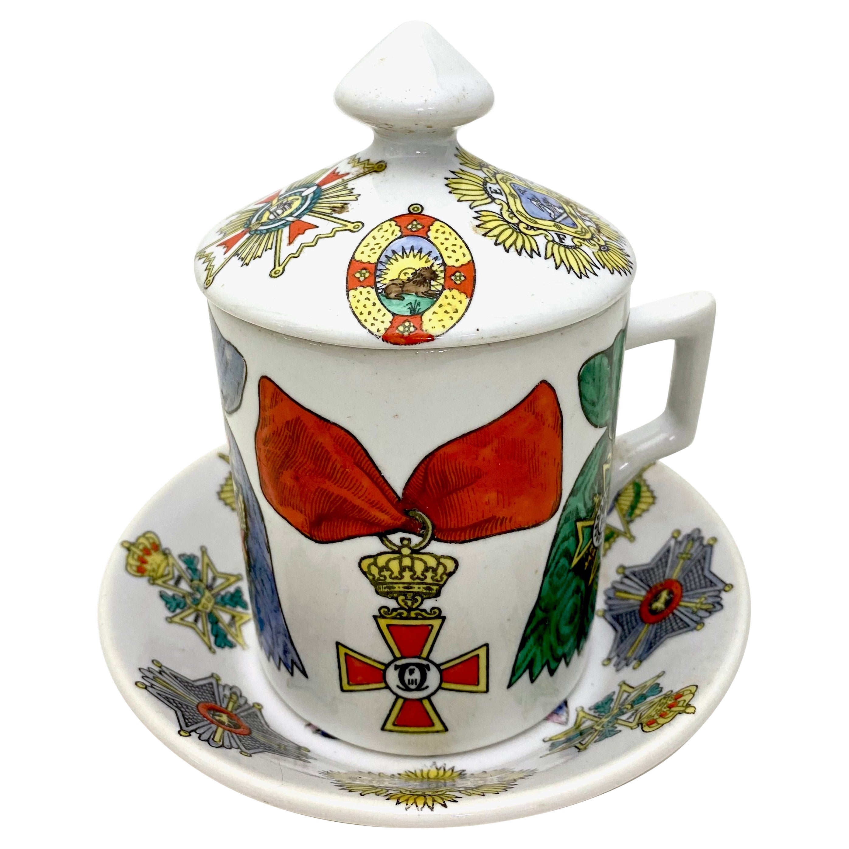 Piero Fornasetti "Al Merito" Cup with Lid and Saucer