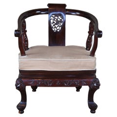 Vintage Chinese Rosewood Ornate Figural Horseshoe Yoke Arm Accent Club Chair