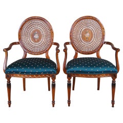 Vintage 2 Italian Louis XVI Pulaski Furniture Wheelback Hand Painted Caned Arm Chairs