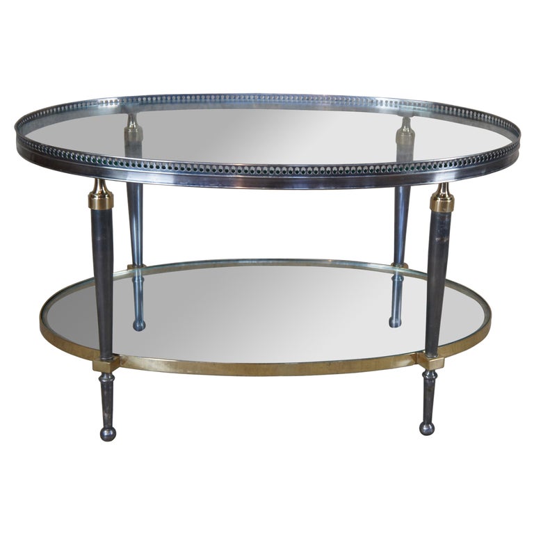 Trouvailles Hollywood Regency Silver and Brass Oval Glass Top Coffee