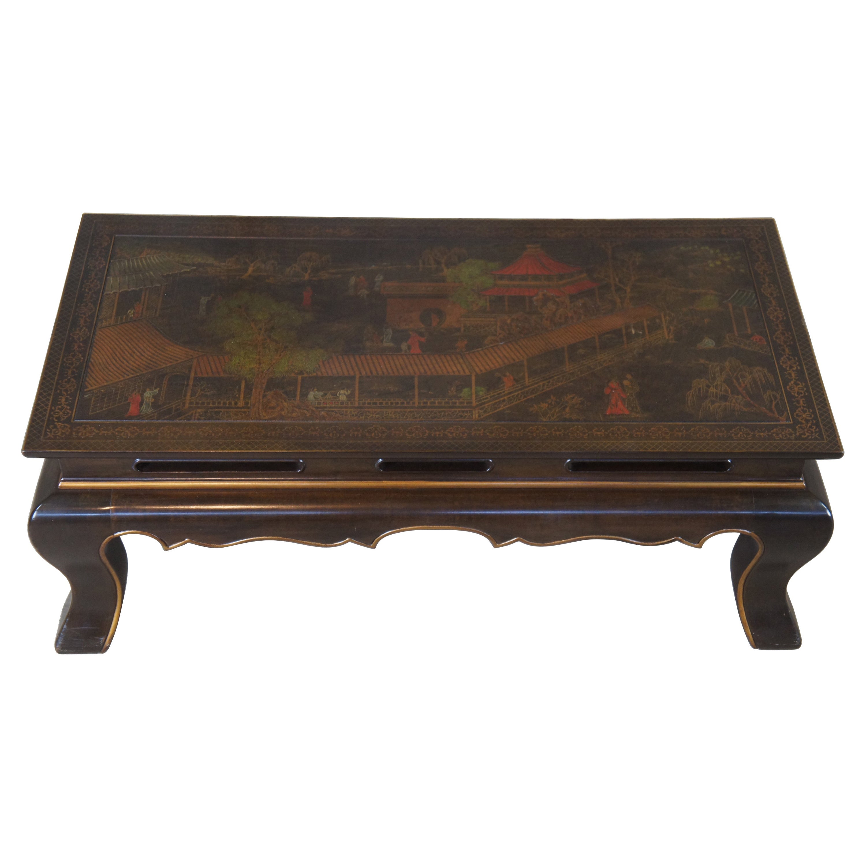 1984 Henredon Asian Chinoserie Hand Painted Coffee Cocktail Table Geisha Pagoda 