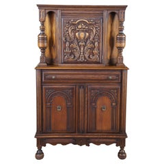 Antique English Jacobean Revival Oak Court Cupboard China Cabinet Hutch
