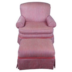 Traditional Pink Upholstered Club Arm Library Chair & Ottoman Rolled Arms Skirt