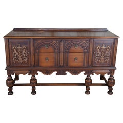 Antique English Jacobean Revival Oak Buffet Server Sideboard Credenza