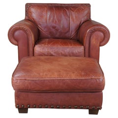 Vintage Italian Leather Heirloom Monaco Chair & Ottoman Nailhead Brown Cognac