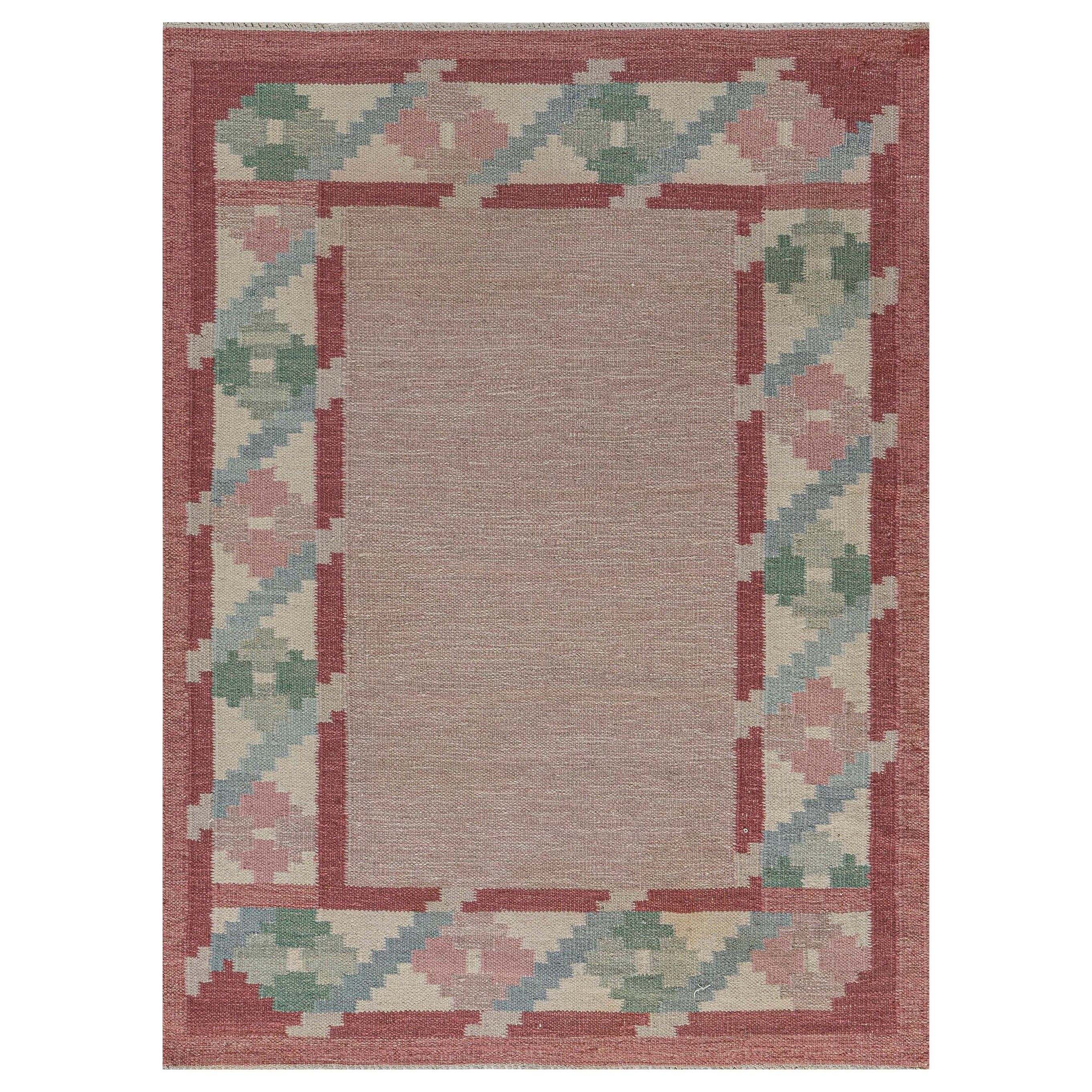 Vintage Swedish Beige, Green, Pink Flat Weave Rug