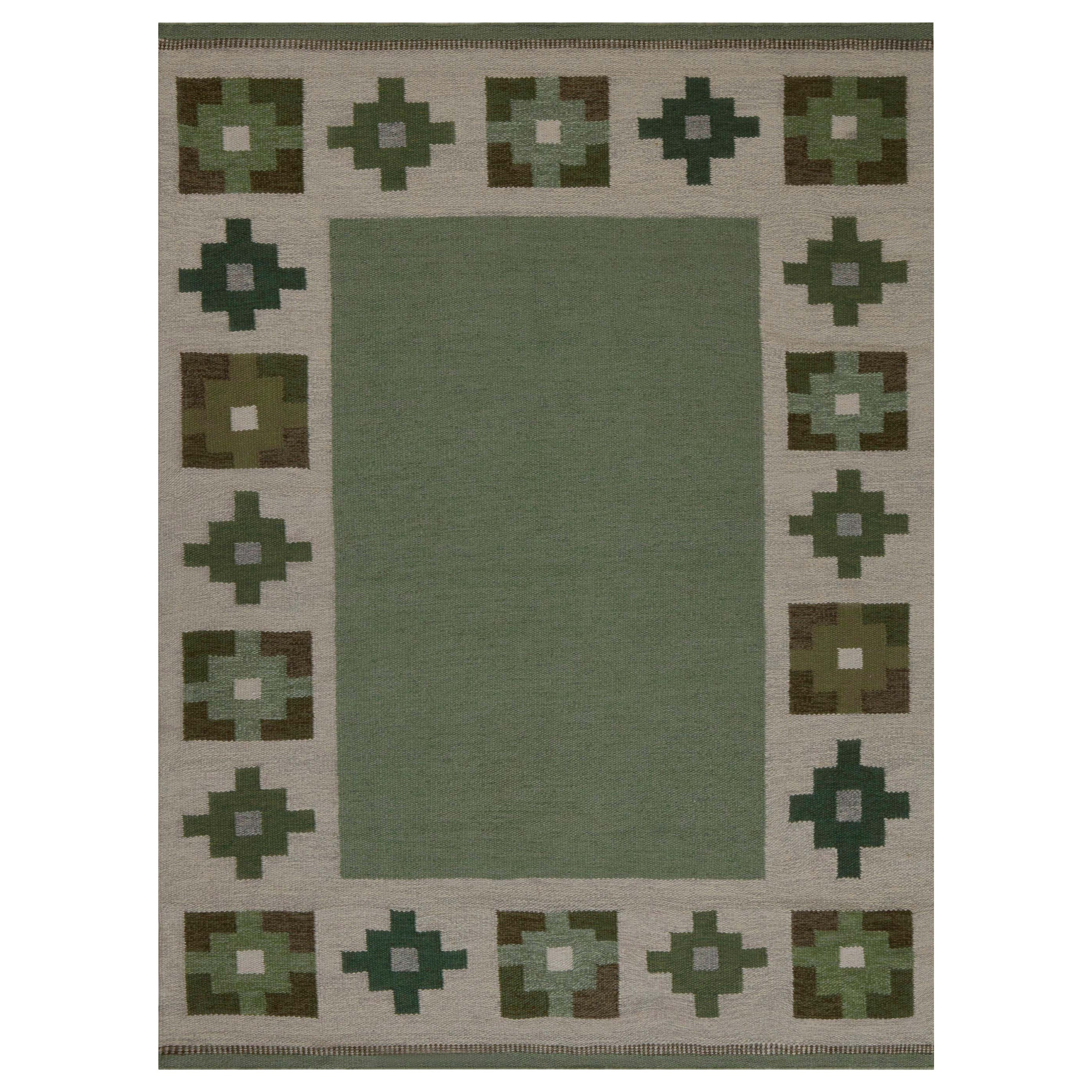 High-quality Vintage Swedish Beige, Green Flat Weave Wool Rug